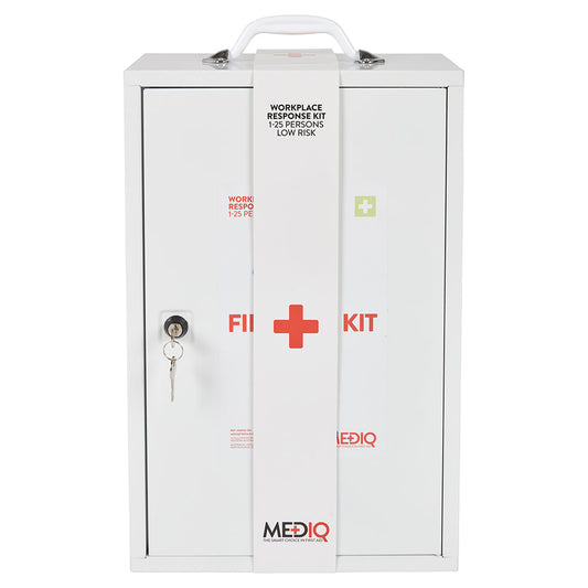 Mediq Essential First Aid Kit Workplace Response in White Metal Wall Cabinet Low Risk 1-25 Persons