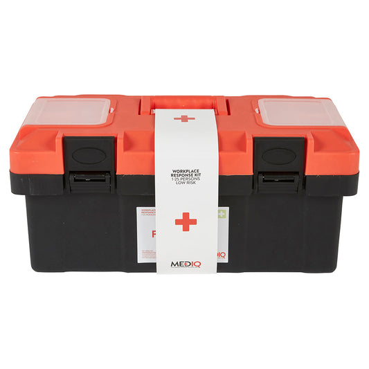 Mediq Essential First Aid Kit Workplace Response in Orange/Black Plastic Tackle Box 1-25 Persons Low Risk