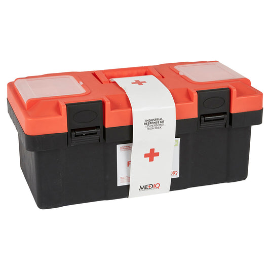 Mediq Essential First Aid Kit Workplace Response in Orange/Black Plastic Tackle Box 1-25 Persons High Risk